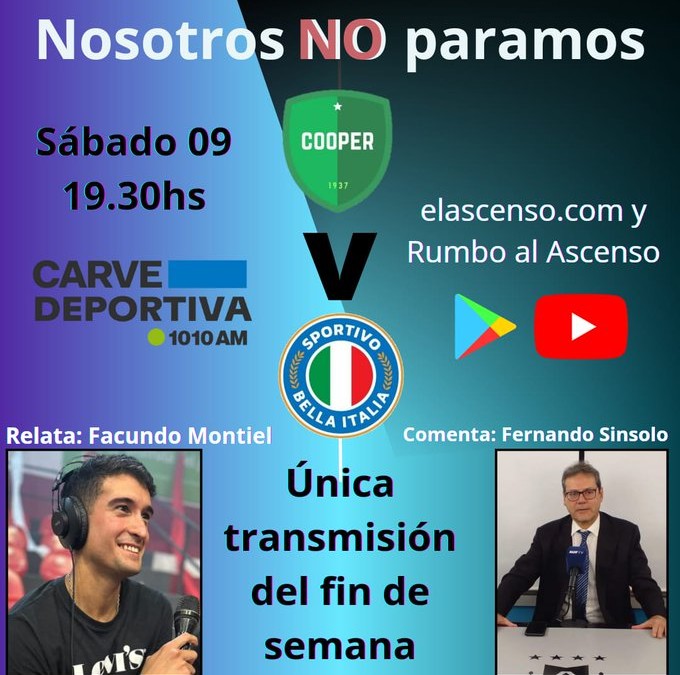 TRANSMISIÓN: Sábado COOPER y BELLA ITALIA en DIRECTO 19.15 horas